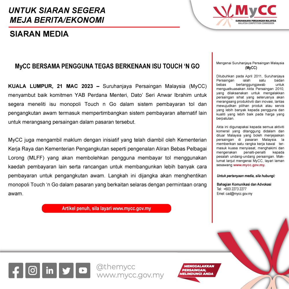 MYCC STANDS FIRM WITH THE PUBLIC ON TOUCH ‘N GO